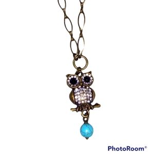 Vintage Bronze Owl Necklace With Clear Rhinestones And Faux Turquoise